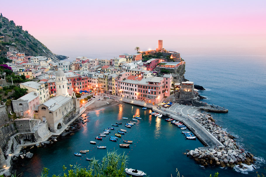 A View of Vernazza at Dusk from a Hiking Trail