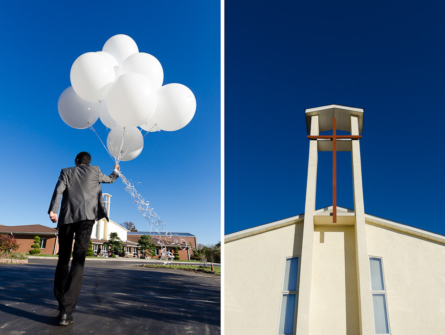 Bride's brother carrying balloons back into church
