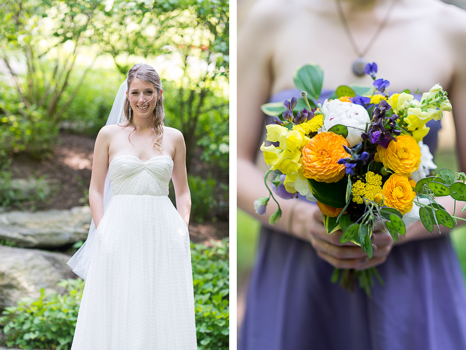 Casual pose with a beautiful smile. Her sister holding a flower bouquet.