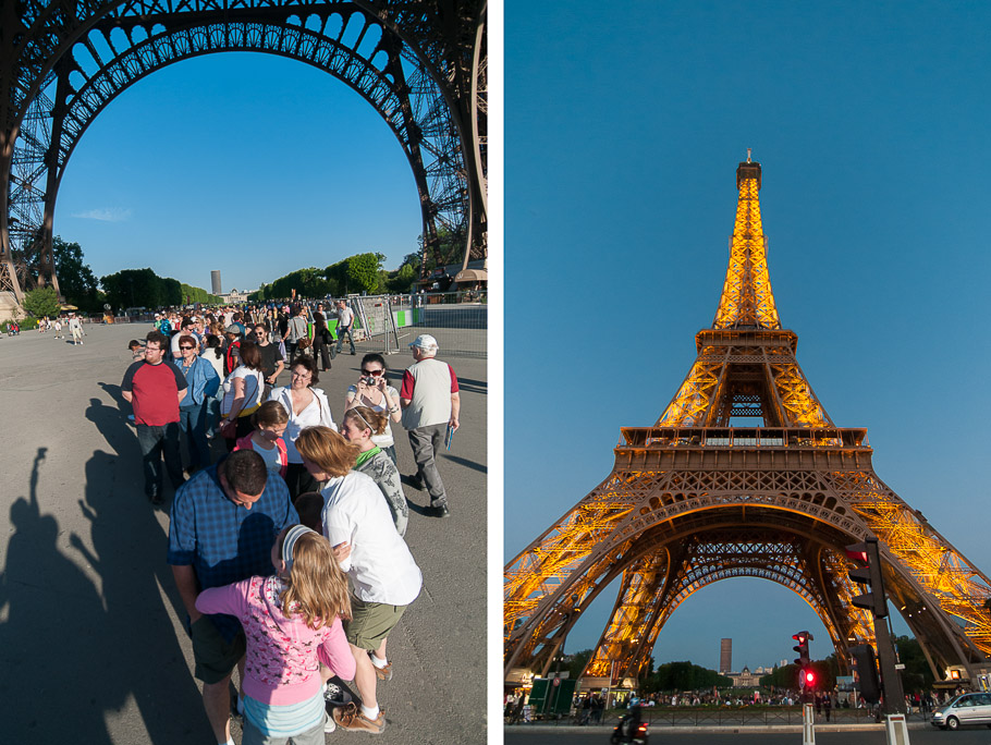 Long line waiting get up on the Eiffel Tower. View of Eiffle Tower from ground